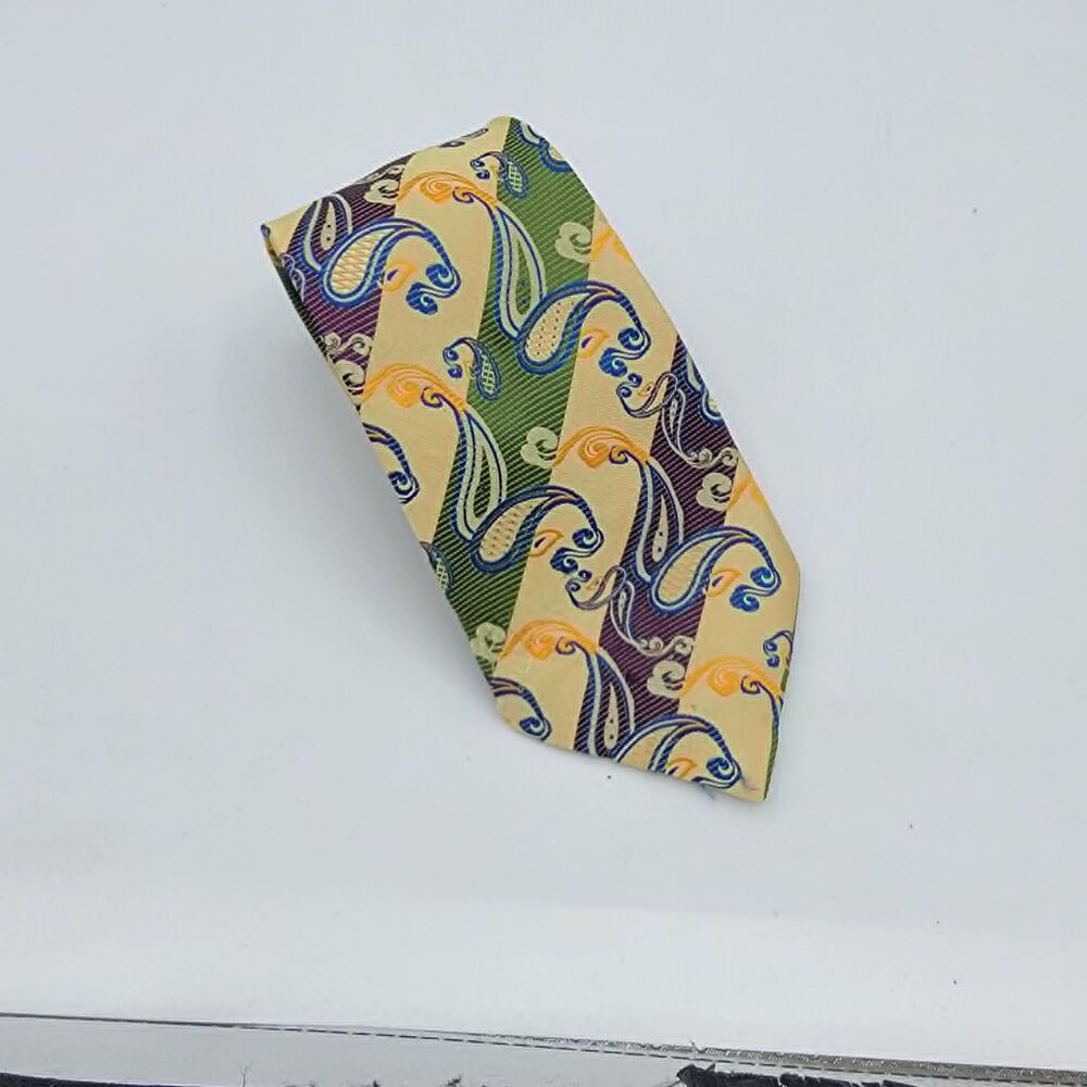 Kai Long Striped Silk Tie Beige Green Purple Adjustable Fit Necktie